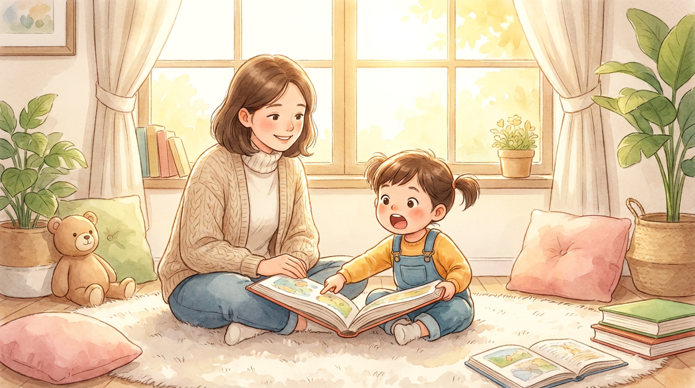 Eine Mutter und ihr Kind sitzen auf einem Teppich und lesen dialogisch. Das Kind zeigt auf das Buch und erzählt.