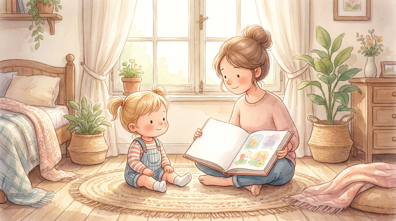 Eine Mutter und ihre zweijährige Tochter sitzen auf dem Boden und schauen gemeinsam in ein aufgeschlagenes Kinderbuch.