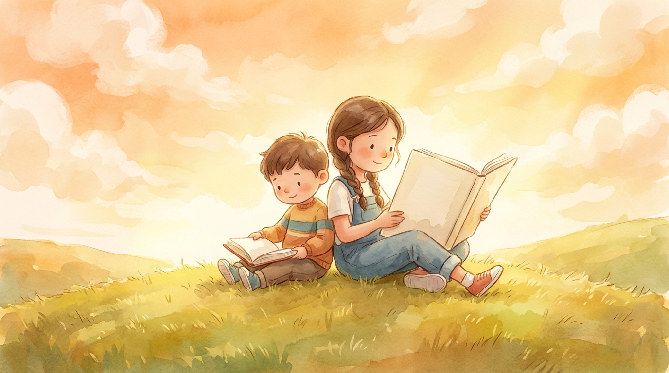 Zwei Geschwister, ein älteres Mädchen und ein jüngerer Junge, sitzen im Gras und lesen gemeinsam in einem großen Buch.