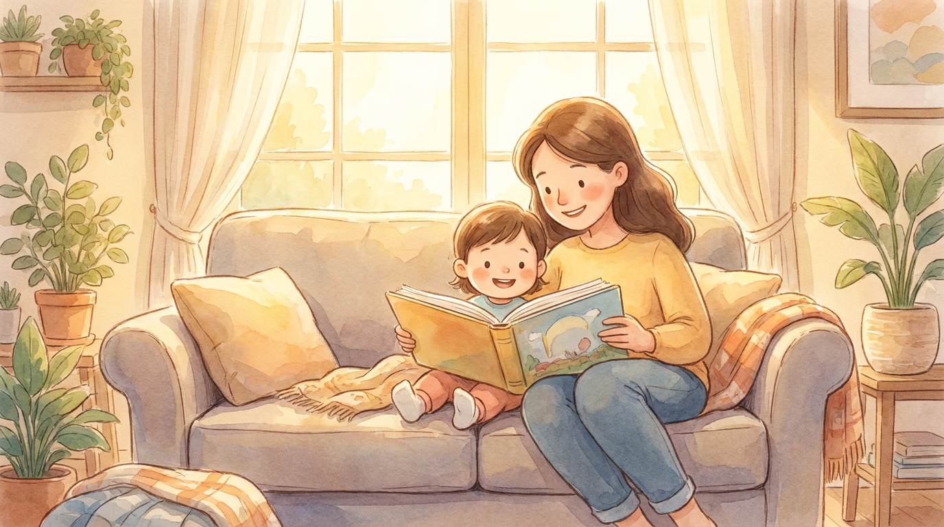 Eine Mutter und ihr Kind sitzen gemütlich auf dem Sofa und lesen gemeinsam ein Buch in warmem Tageslicht.