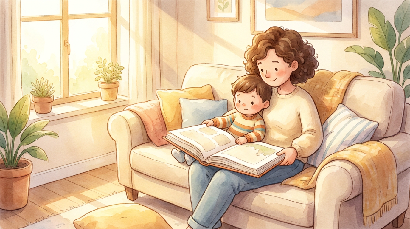 Eine Mutter liest ihrem Kind auf einem gemütlichen Sofa aus einem Buch vor, in einer warmen, sonnendurchfluteten Szene.