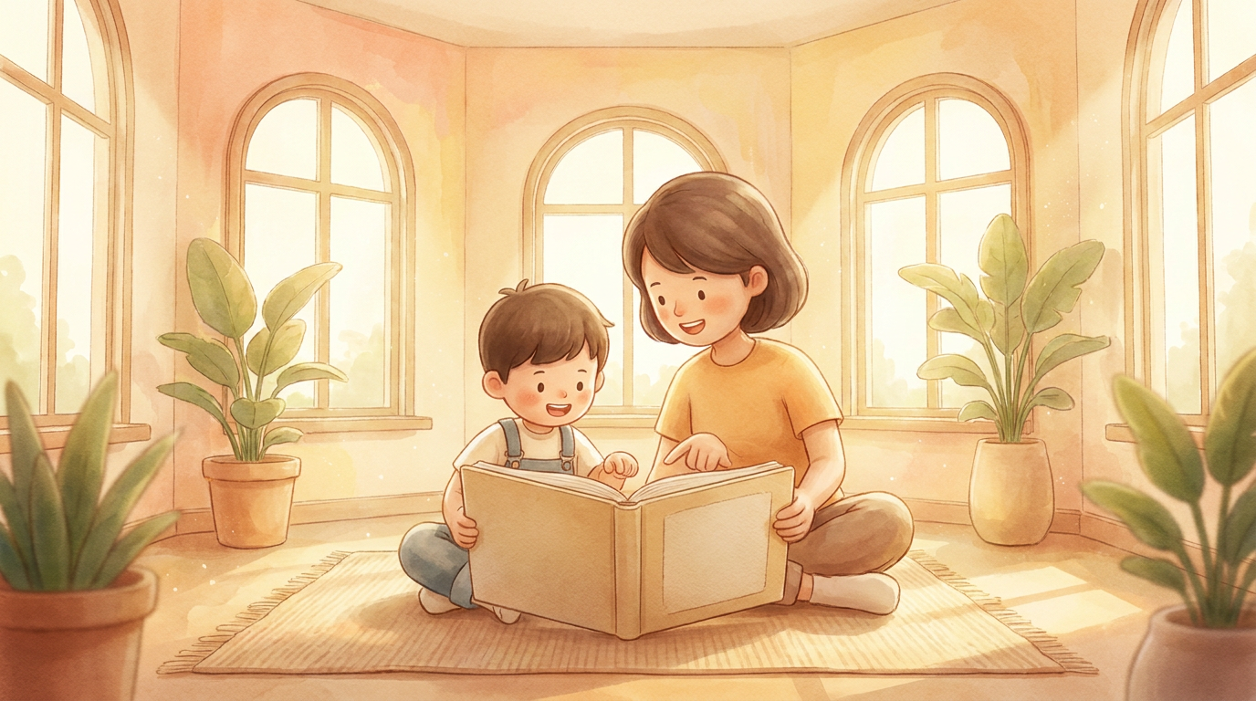 Ein Kind und ein Elternteil betrachten gemeinsam und neugierig das Cover eines bunten Kinderbuchs auf dem Boden.