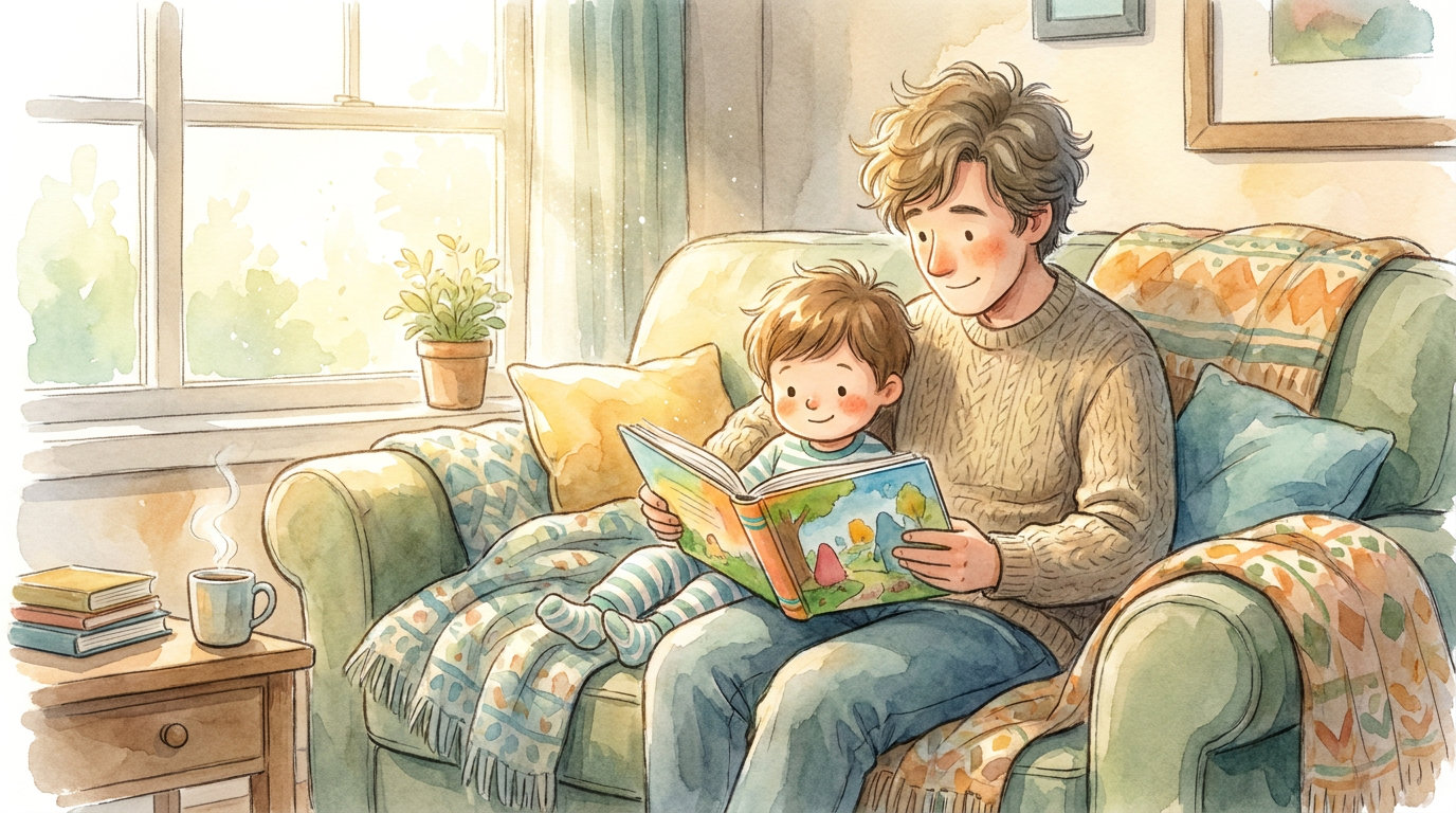 Ein Elternteil und ein Kind sitzen gemütlich auf einem Sofa und schauen gemeinsam in ein aufgeschlagenes Buch.