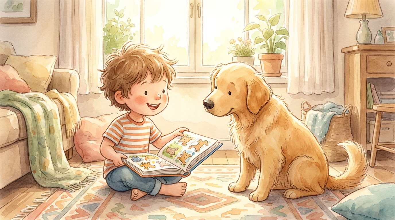 Ein kleines Kind sitzt auf dem Boden und zeigt seinem Hund ein Bilderbuch, in dem beide die Hauptfiguren zu sein scheinen.