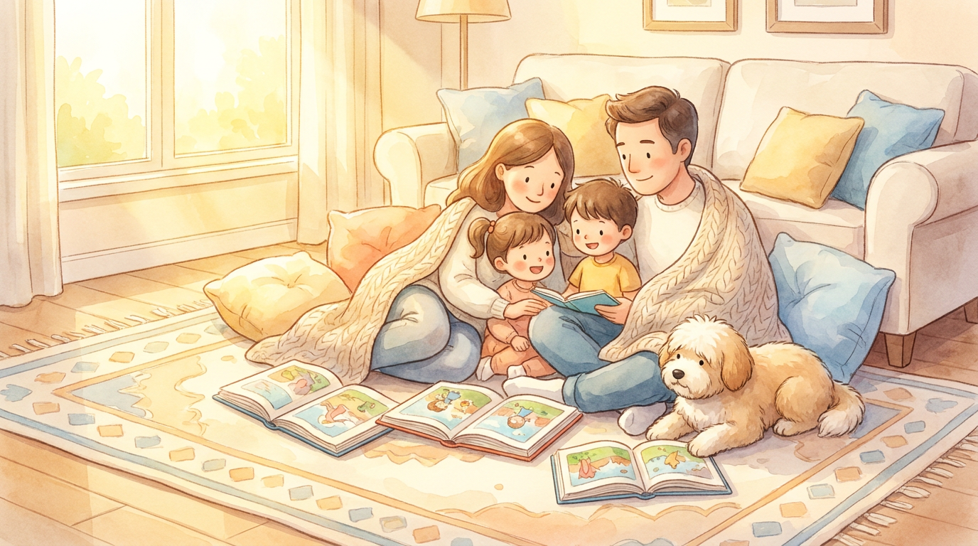 Eine Familie liegt gemütlich mit Decken und verschiedenen Büchern auf einem großen Wohnzimmerteppich und liest.