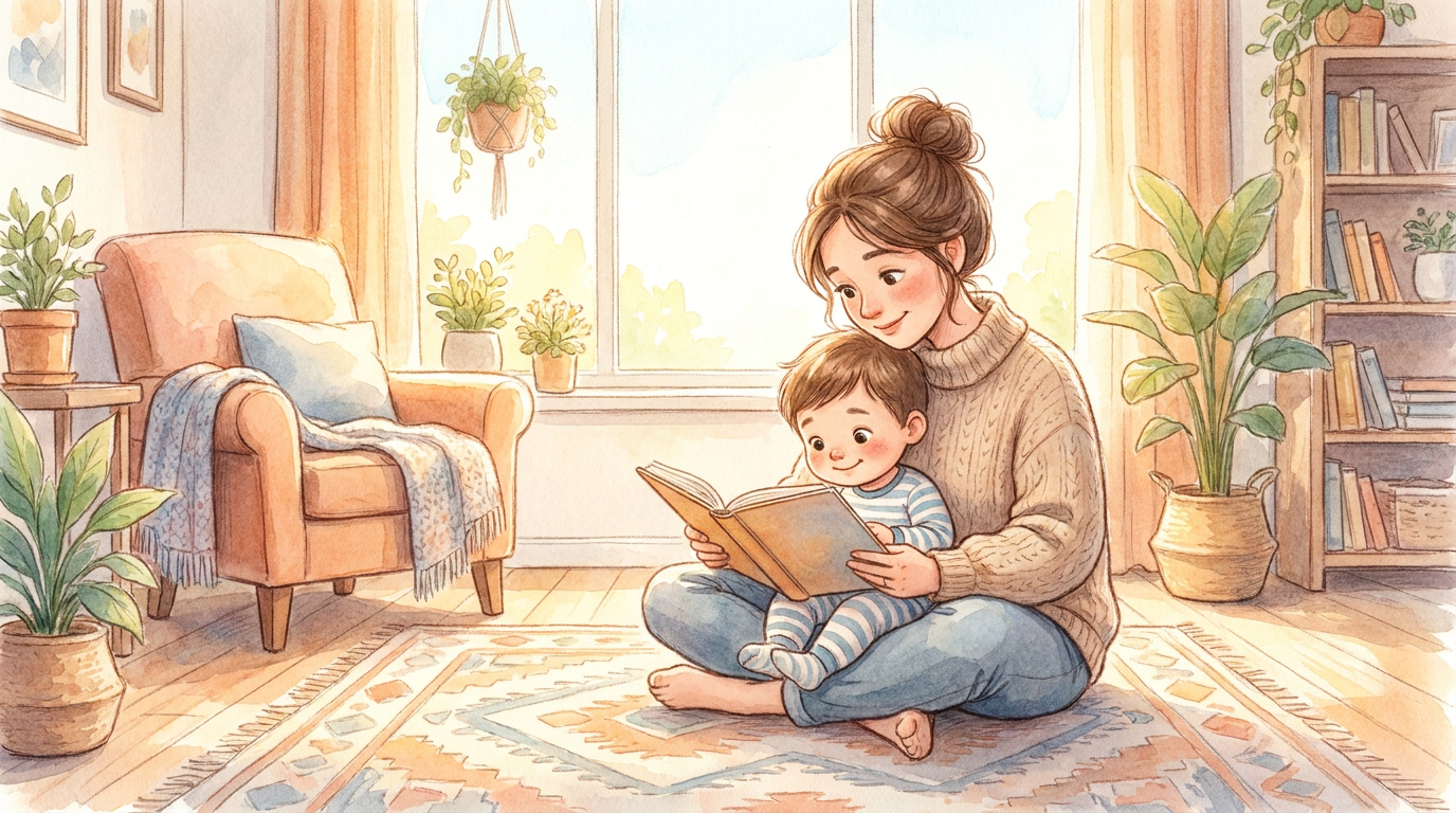 Mutter und Kind sitzen gemütlich auf einem Teppich im Wohnzimmer und lesen gemeinsam in einem Buch.
