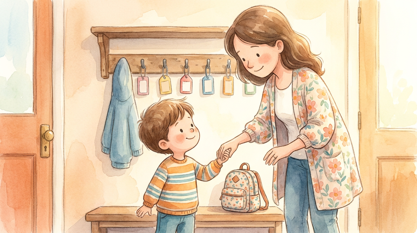 Mutter und Kind stehen liebevoll vor einer kleinen Kindergarten-Garderobe und betrachten einen Rucksack.