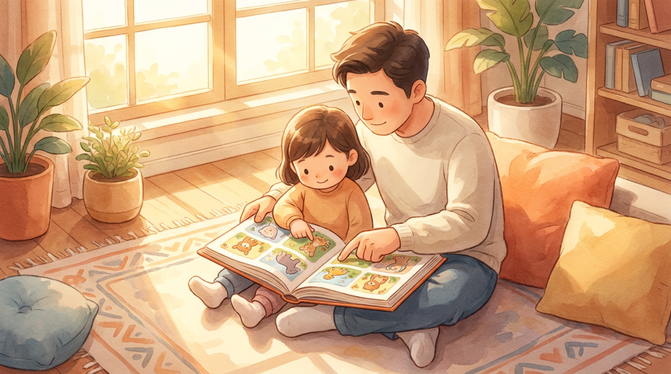 Ein Vater und seine kleine Tochter sitzen auf dem Boden und schauen sich gemeinsam ein großes Wimmelbuch an.