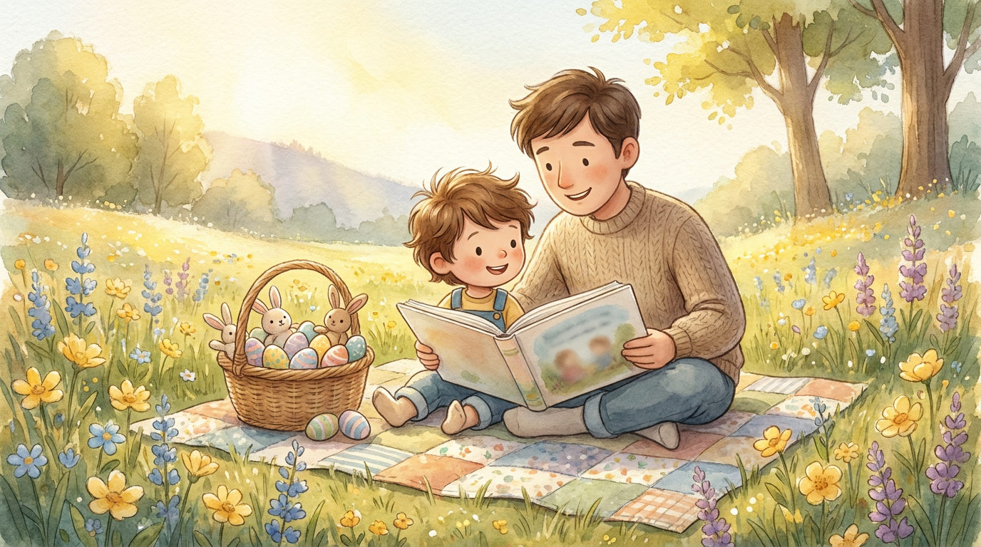 Ein Kind und ein Elternteil lesen gemeinsam in einem Buch auf einer Frühlingswiese, daneben steht ein gefüllter Osterkorb.