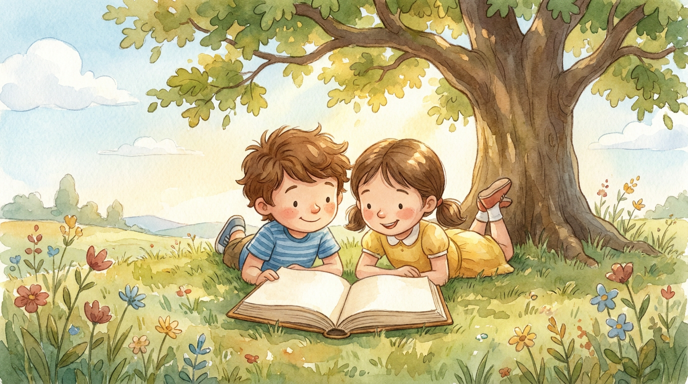 Zwei Geschwister, ein Junge und ein Mädchen, sitzen unter einem Baum und lesen lächelnd zusammen in einem Buch.