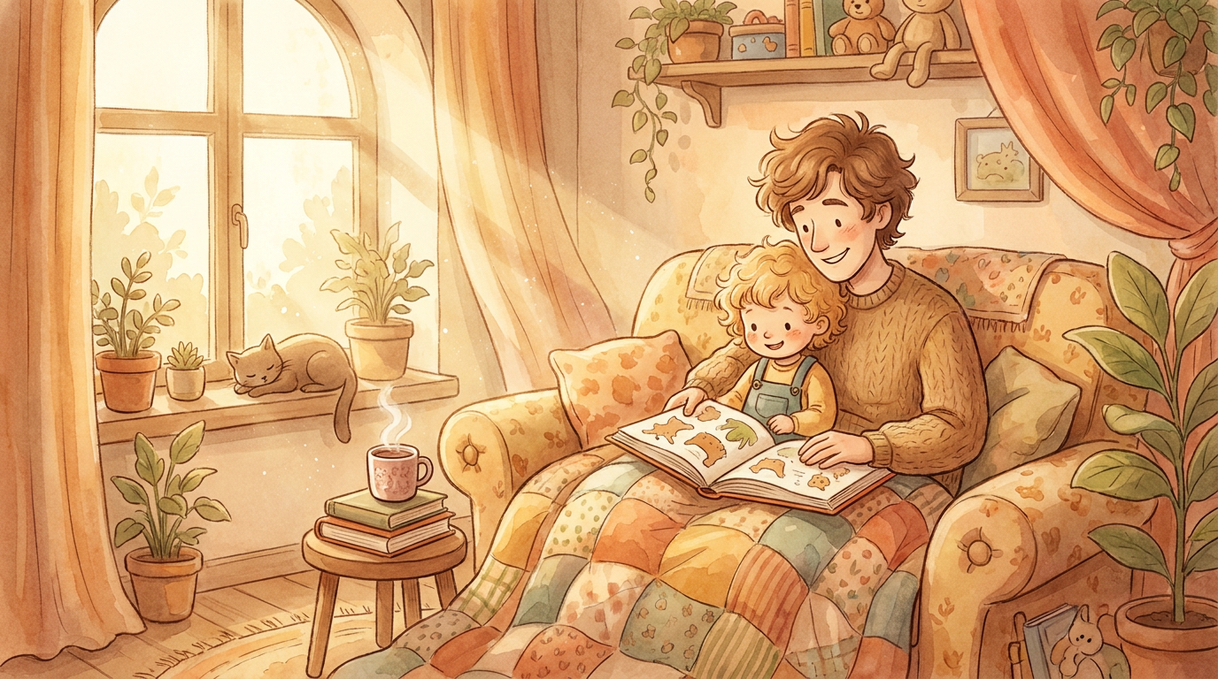 Ein Elternteil und ein Kind sitzen gemütlich auf einem Sofa und lesen zusammen in einem Buch, in einem warmen, hellen Raum.