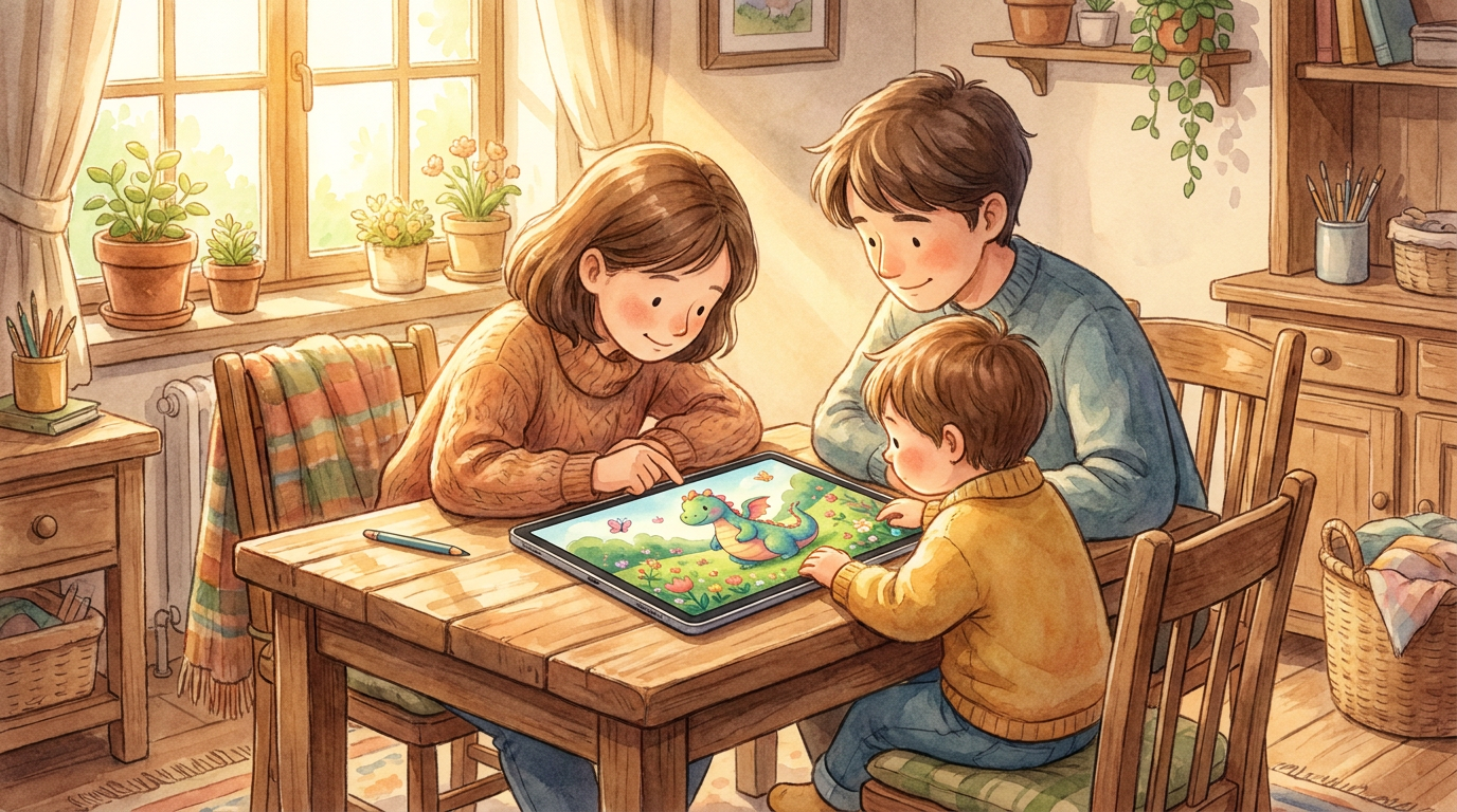 Ein Elternteil und ein Kind sitzen am Tisch und erstellen am Tablet ein Kinderbuch mit einem Drachen.
