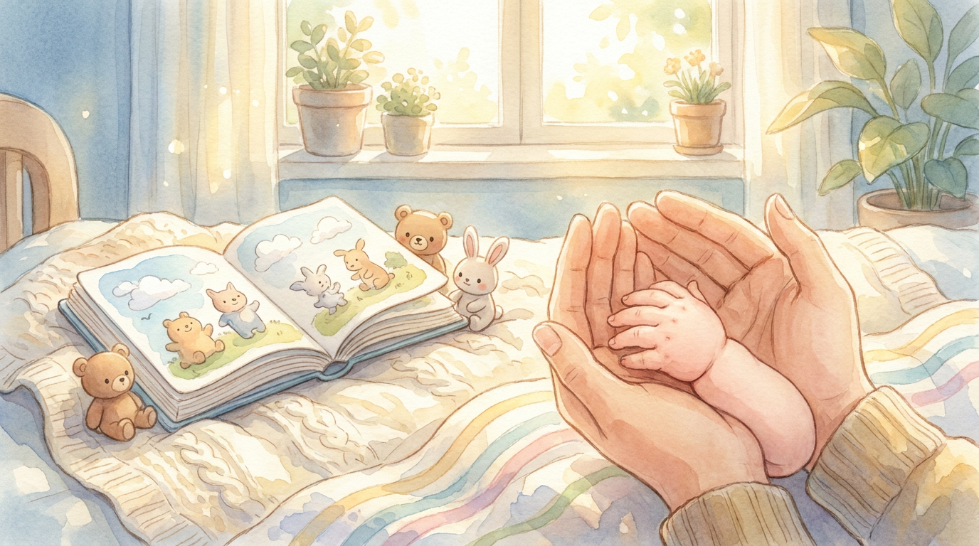 Die Hände eines Erwachsenen halten sanft eine Babyhand. Daneben liegt ein aufgeschlagenes, illustriertes Kinderbuch auf einer Decke.