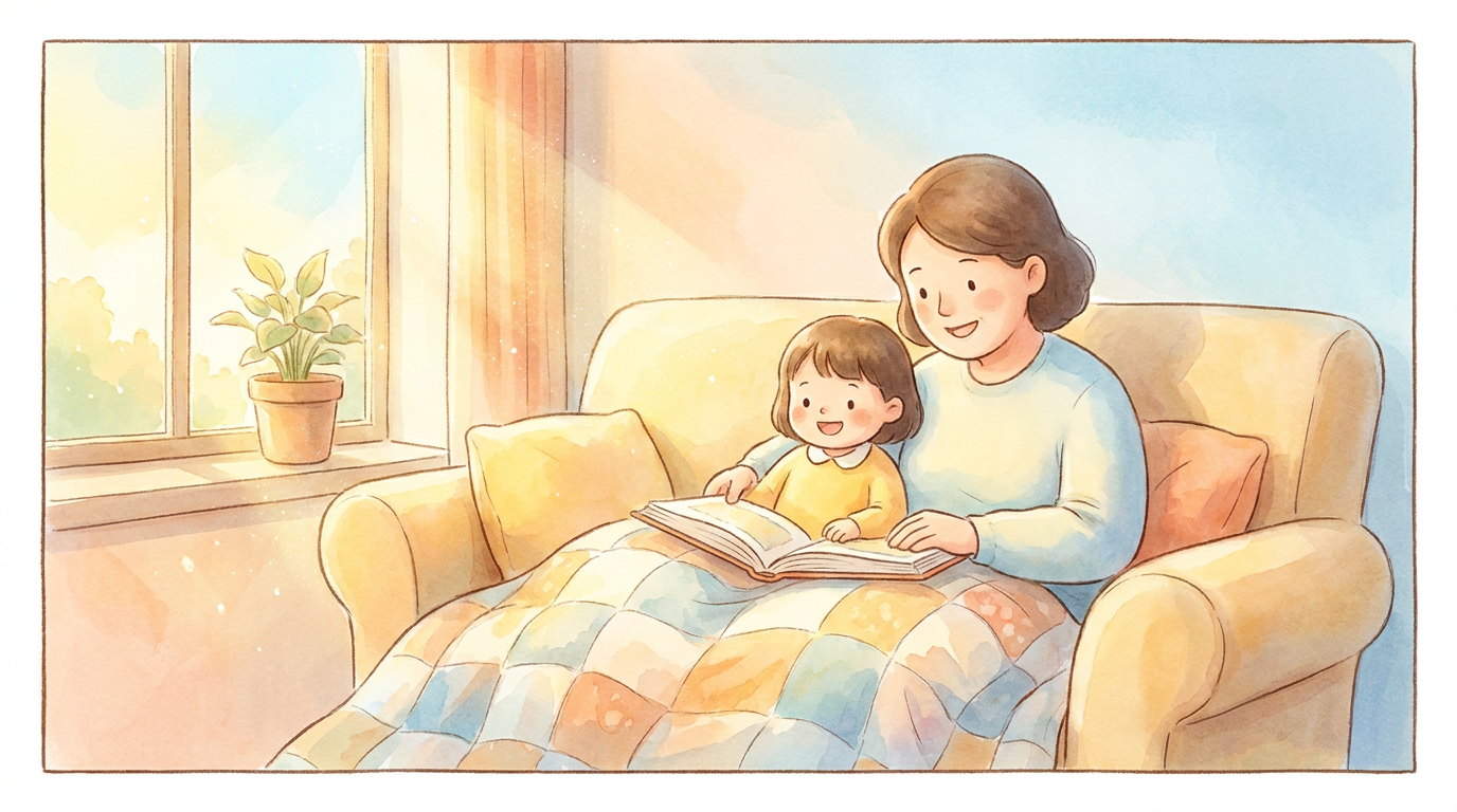 Ein Elternteil und ein Kind kuscheln auf einem Sofa und lesen gemeinsam in einem Buch, in warmem Licht.