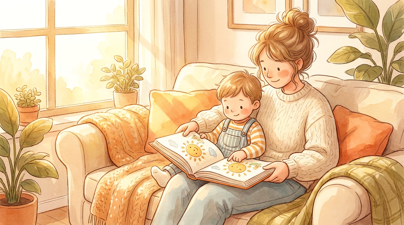 Ein Elternteil und ein Kind sitzen gemütlich auf einem Sofa und schauen sich gemeinsam ein Kinderbuch an, in warmem Licht.