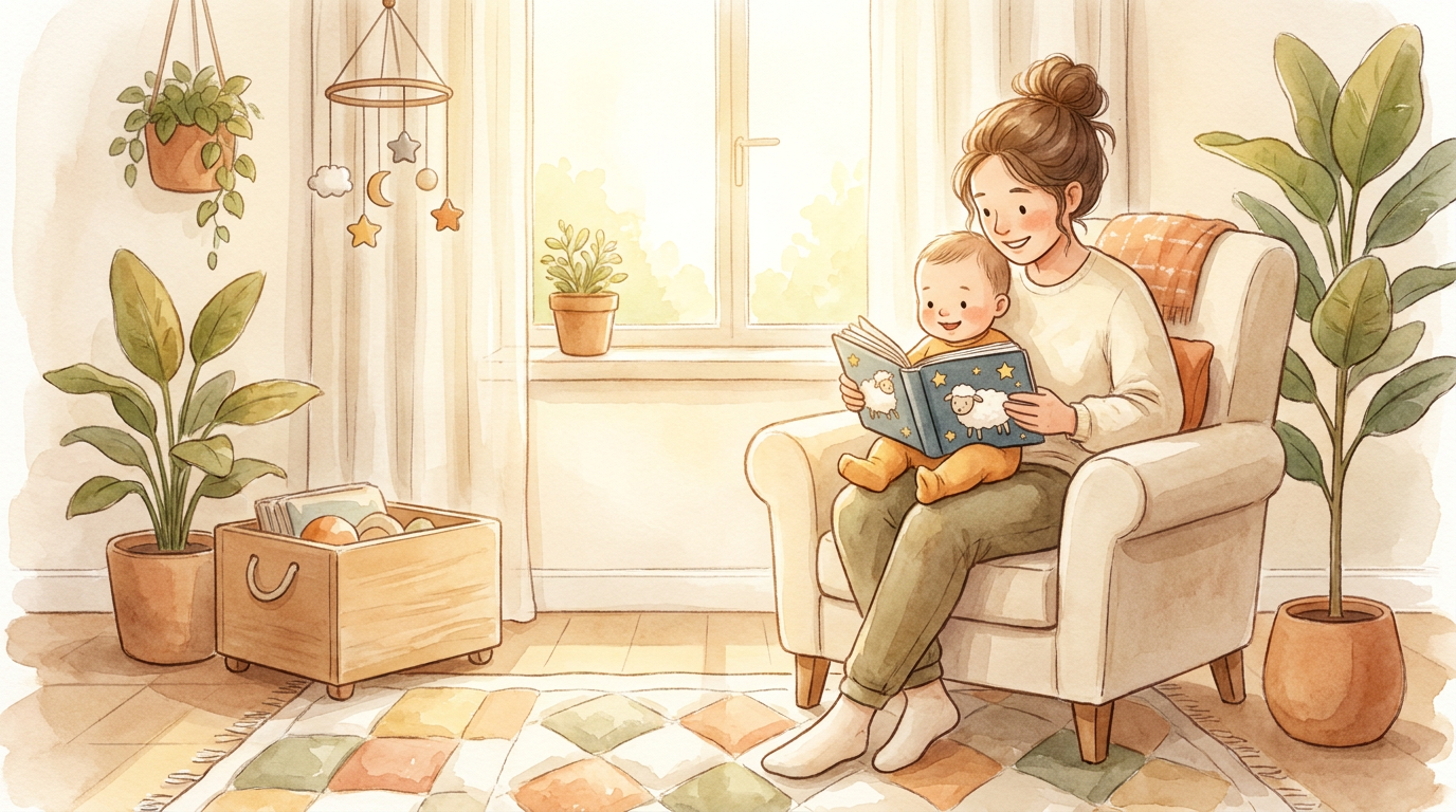 Ein Elternteil sitzt gemütlich mit einem Baby auf dem Schoß und schaut in ein Stoffbuch. Die Szene ist warm und liebevoll.