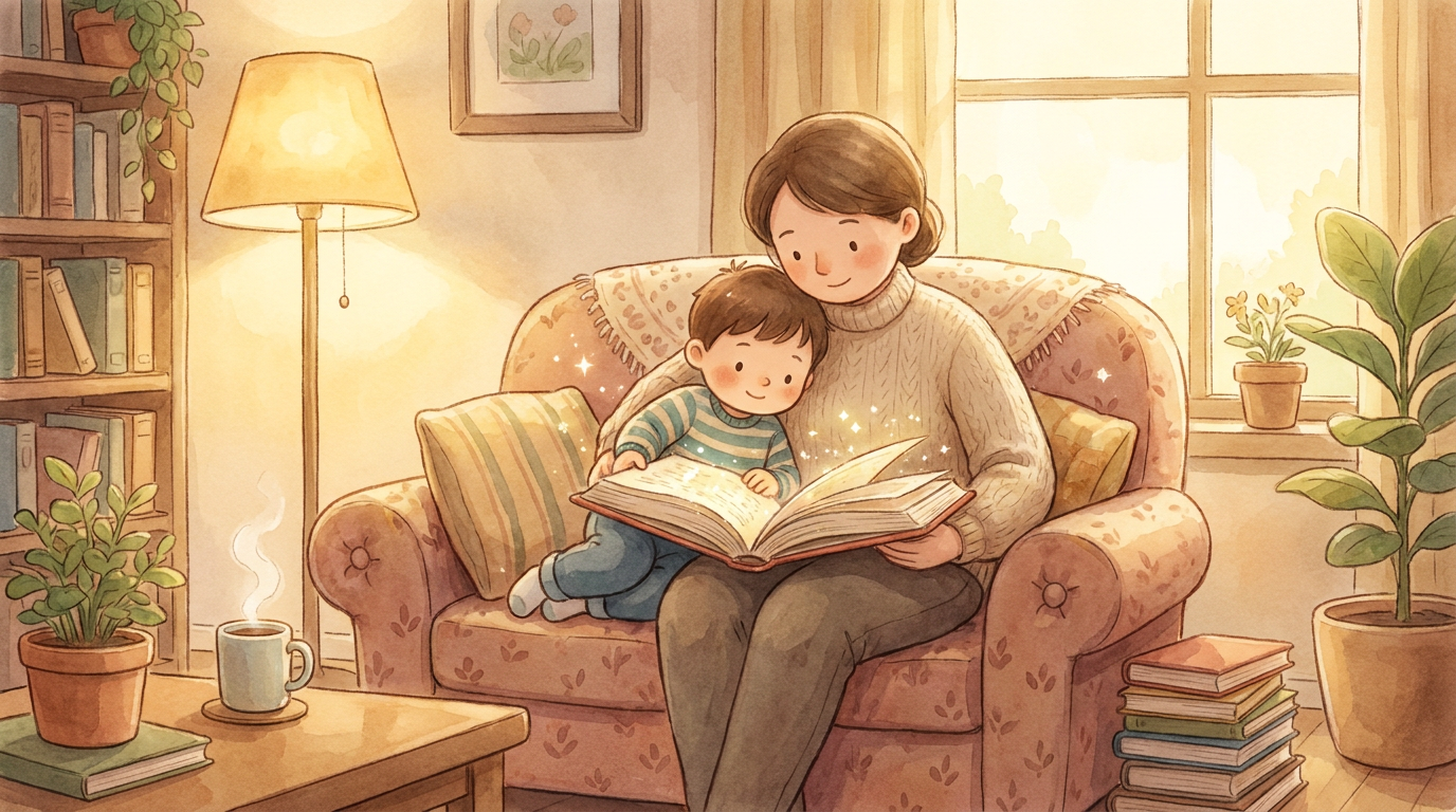 Ein Elternteil liest einem Grundschulkind auf einem gemütlichen Sofa aus einem großen Buch vor, in warmes Licht getaucht.