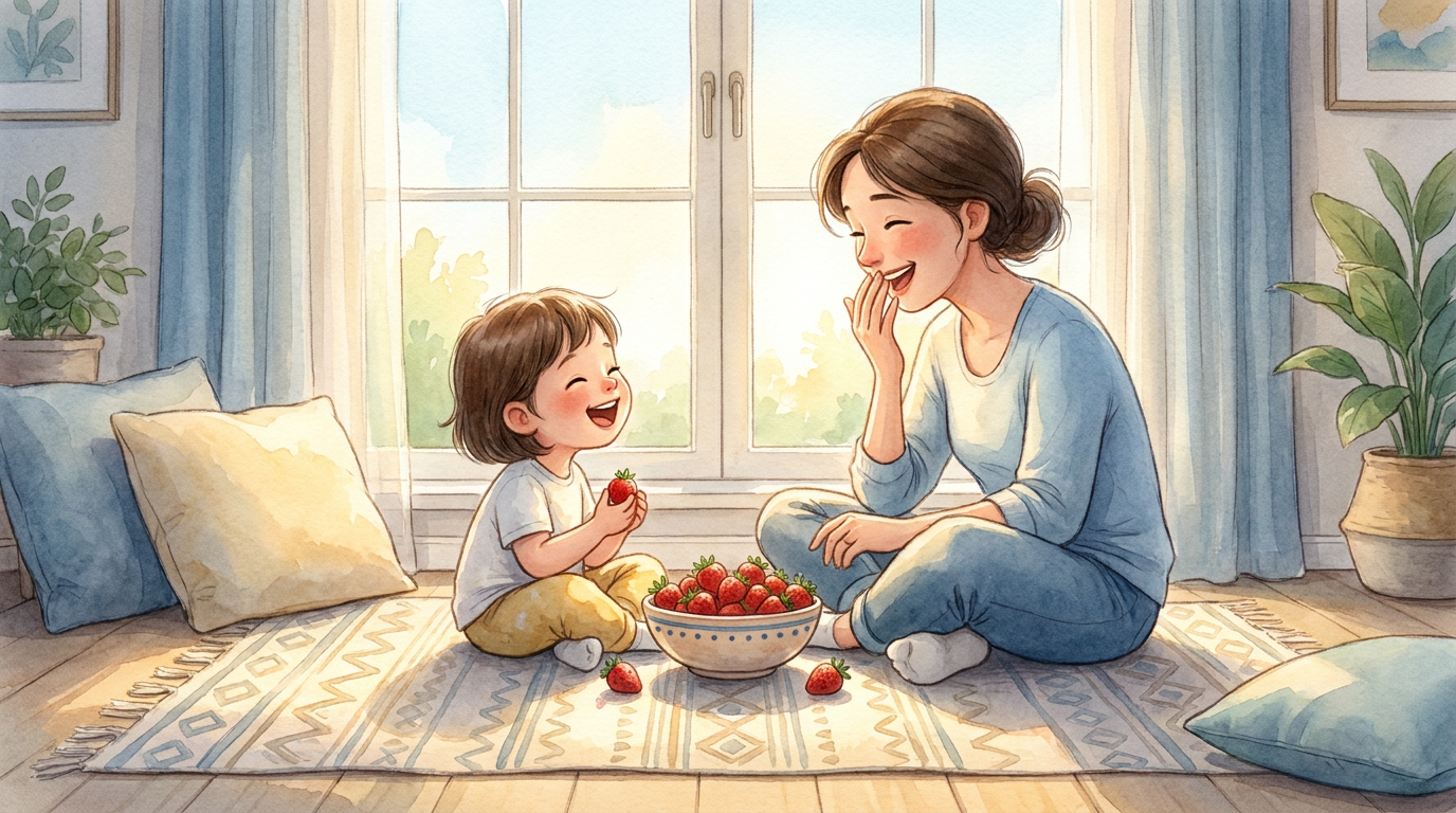 Mutter und Kind sitzen lachend auf einem Teppich am Fenster und teilen sich eine Schale Erdbeeren in der Morgensonne.