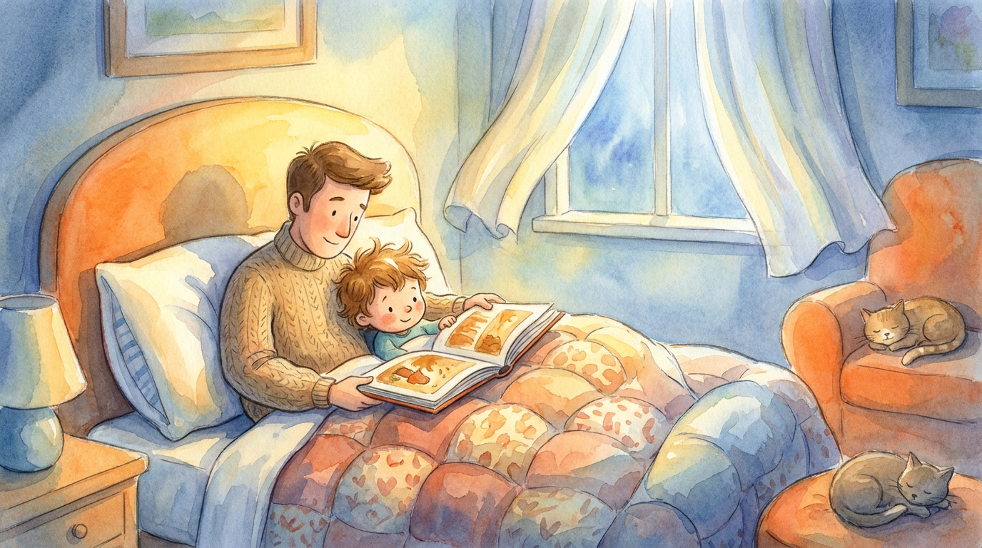 Ein Elternteil und ein kleines Kind kuscheln im Bett und lesen gemeinsam ein Buch in einer warmen, gemütlichen Abendstimmung.