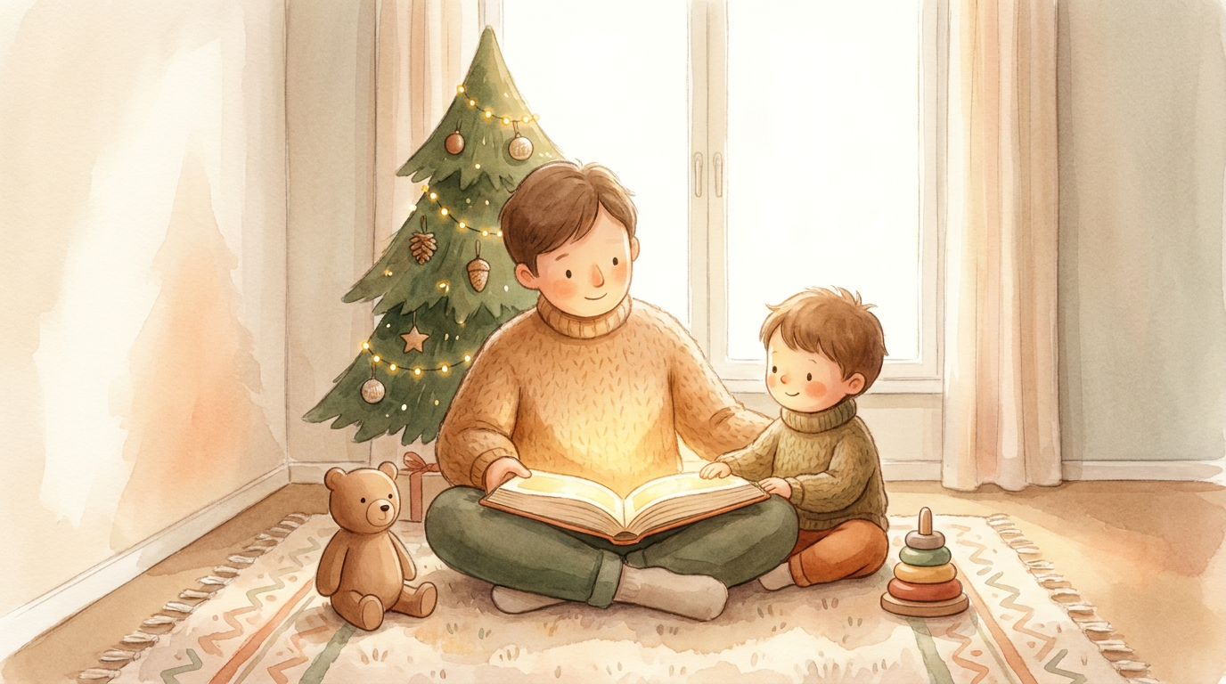 Elternteil und Kind lesen an Weihnachten gemeinsam in einem Buch vor einem minimalistisch geschmückten Weihnachtsbaum.