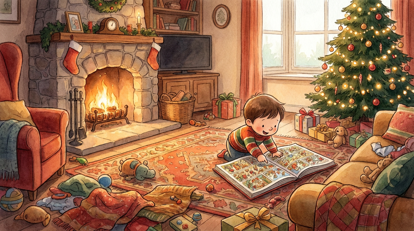 Ein kleines Kind sitzt in einem weihnachtlich geschmückten Wohnzimmer auf dem Boden und zeigt begeistert auf ein großes Wimmelbuch.