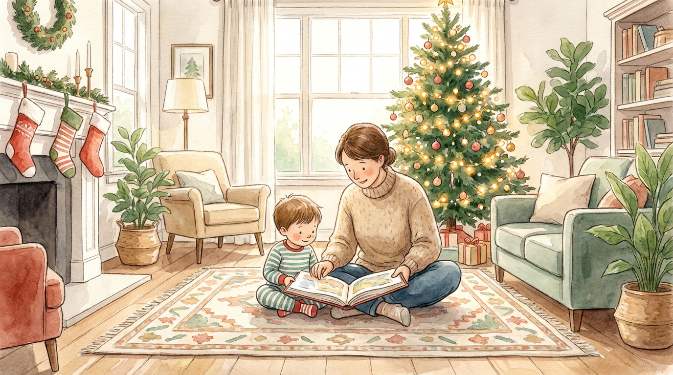 Ein Elternteil und ein dreijähriges Kind lesen zu Weihnachten gemeinsam auf dem Boden ein Buch vor dem geschmückten Baum.