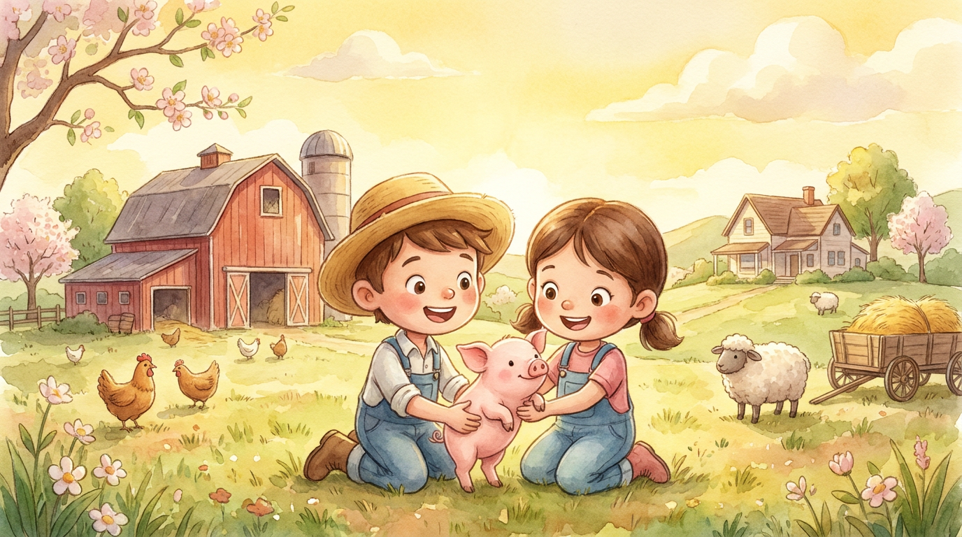 Ein Junge und ein Mädchen betrachten staunend ein kleines Ferkel auf einem sonnigen Bauernhof, im Stil eines Kinderbuchs.