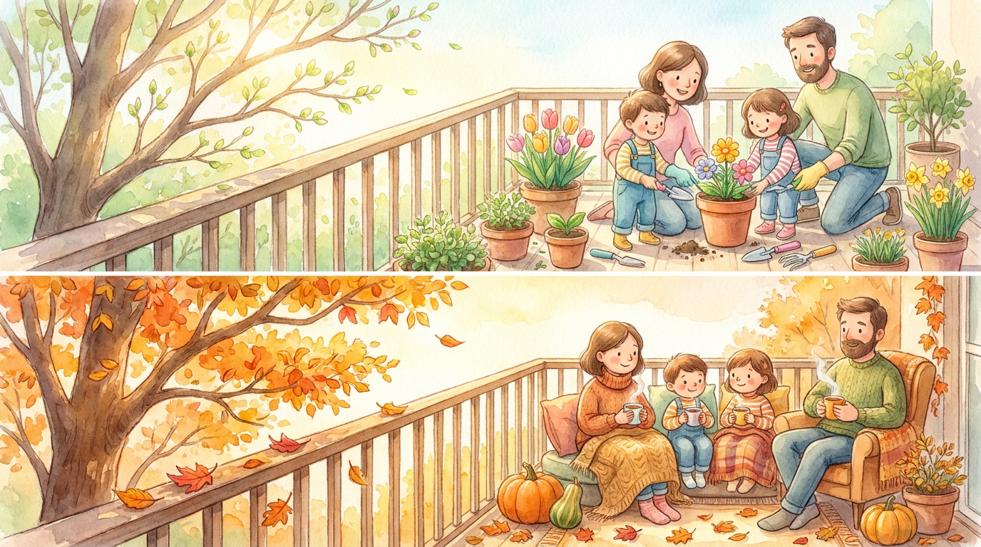 Eine Familie auf ihrem Balkon, dargestellt im Frühling und im Herbst, als Symbol für ein Wimmelbuch Jahreszeiten.