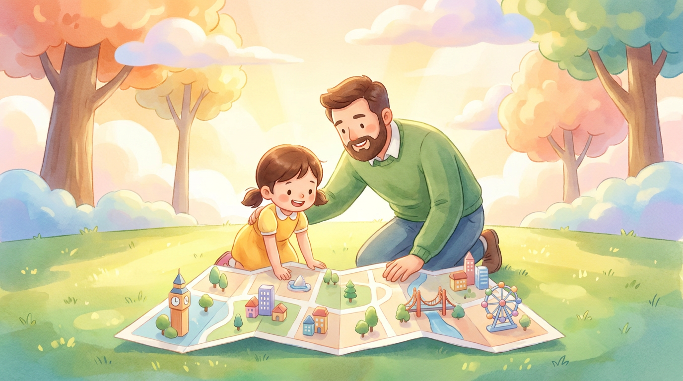 Ein Vater und seine kleine Tochter betrachten eine bunte Karte ihrer Stadt, die auf einer Wiese im Park liegt.